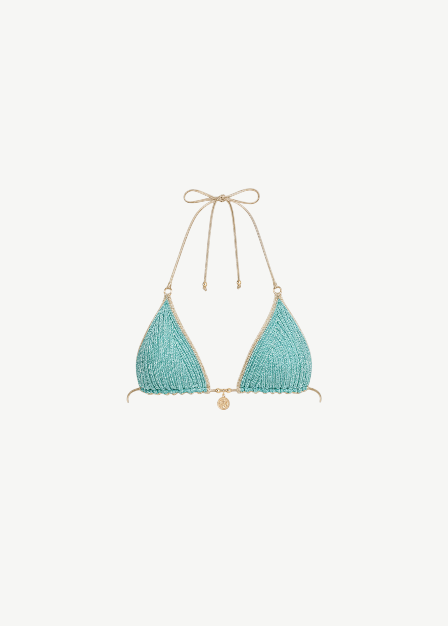 KABE SHOP INC Delion turquoise hand-crocheted bikini top with gold-tone accents and multiway straps.