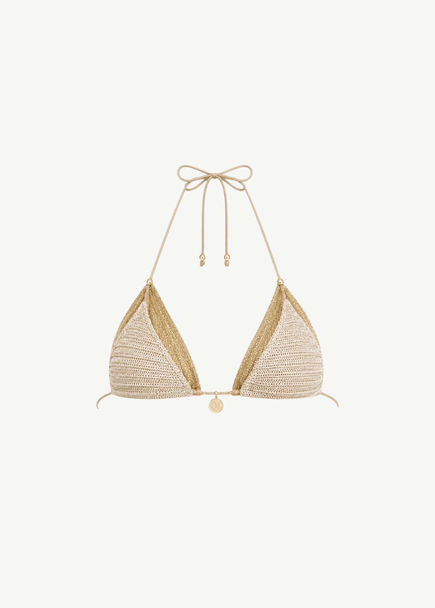 KABE SHOP INC Lutetia double layer crochet bikini top in shimmering gold metallic fabric with a detachable chain.