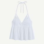 KABE SHOP INC white keyhole halter top with a V-neckline, gathered bust, and delicate tie straps.