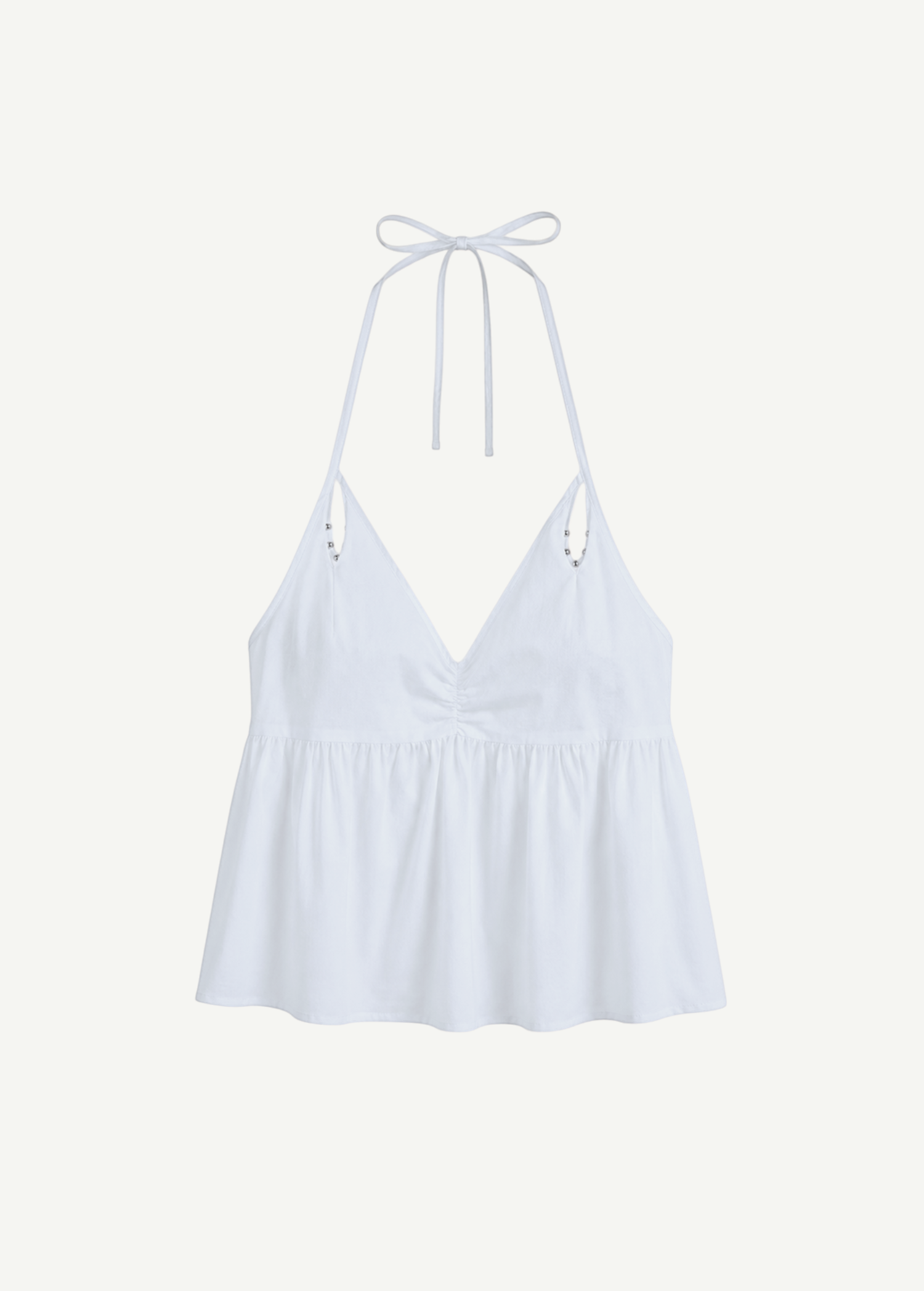 KABE SHOP INC white keyhole halter top with a V-neckline, gathered bust, and delicate tie straps.