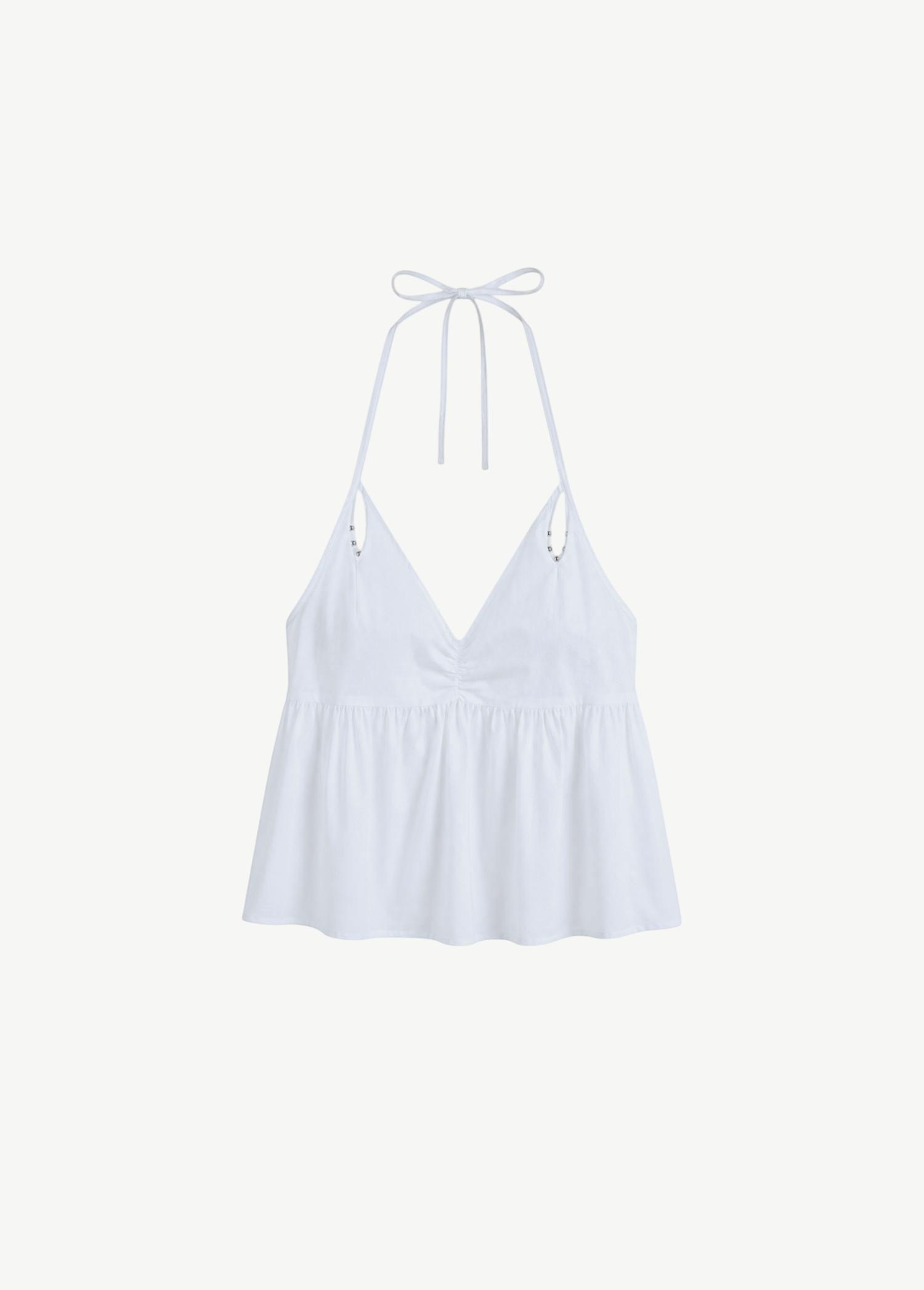 KABE SHOP INC white keyhole halter top with a V-neckline, gathered bust, and delicate tie straps.