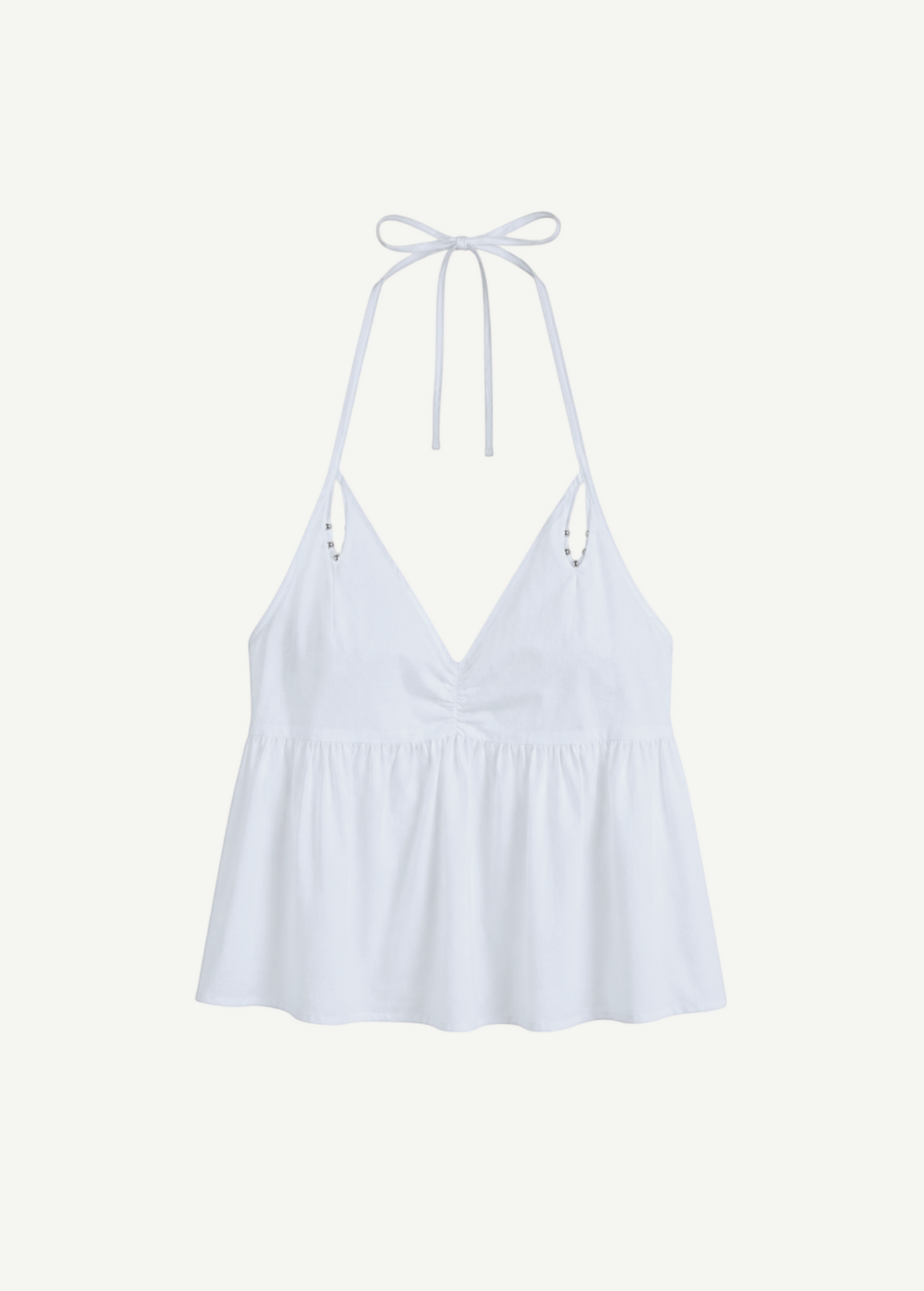 KABE SHOP INC white keyhole halter top with a V-neckline, gathered bust, and delicate tie straps.