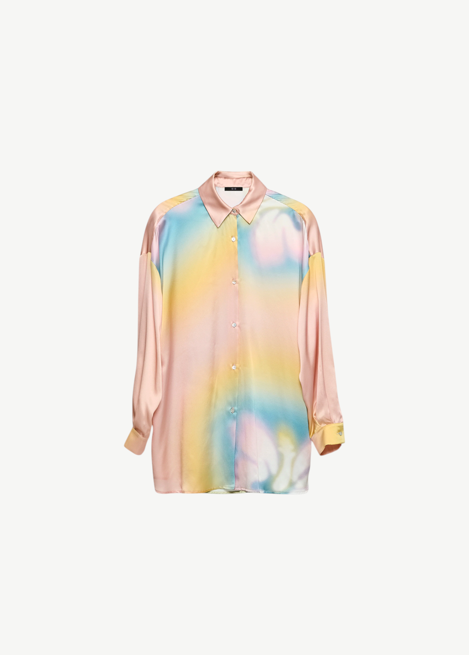 KABE SHOP INC Hibiscus Top in luxurious silk featuring a vibrant pastel tie-dye print and classic button-down collar.