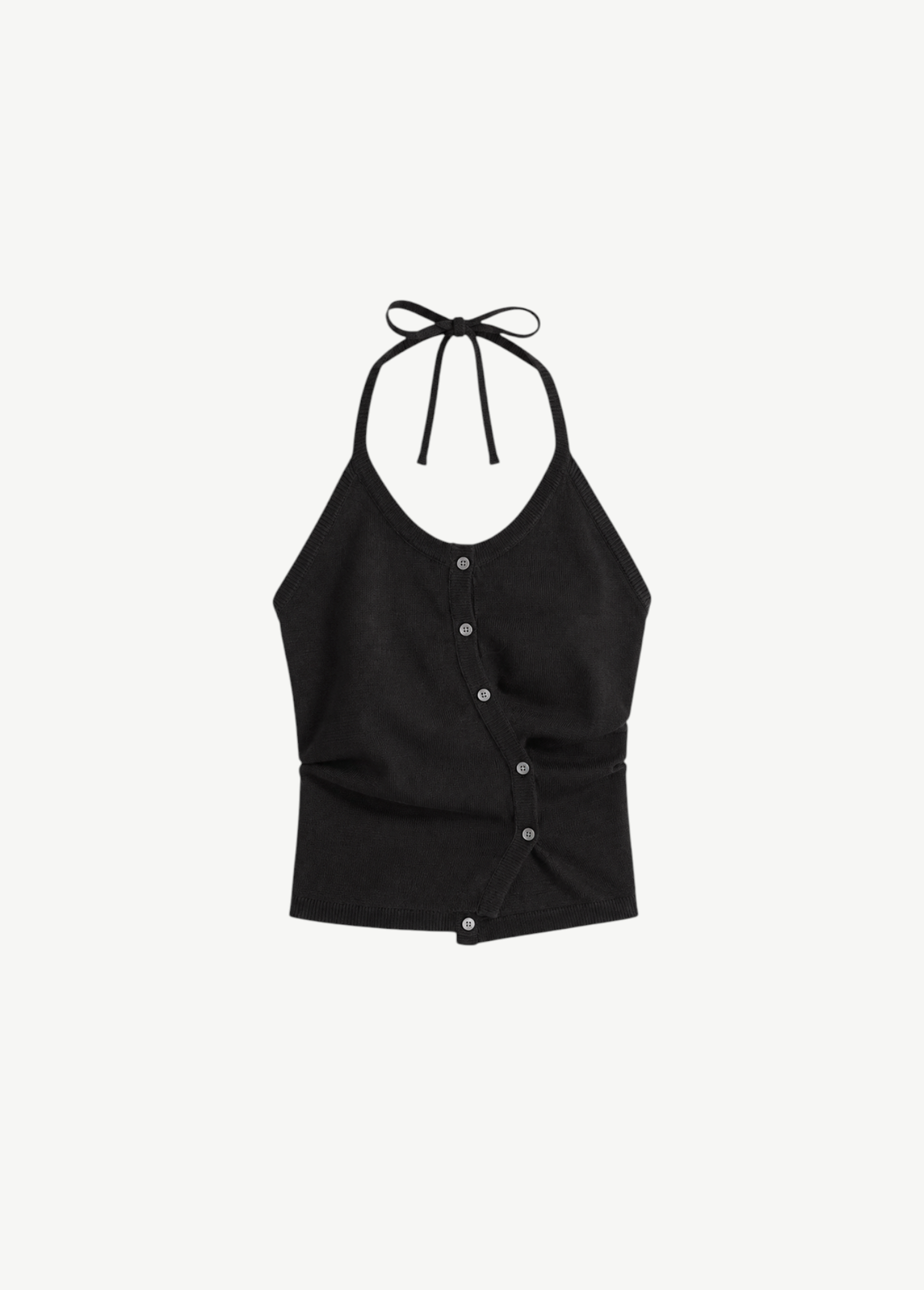 Black Cross Top featuring a fitted knit halter design with adjustable tie straps and an asymmetric buttoned front.