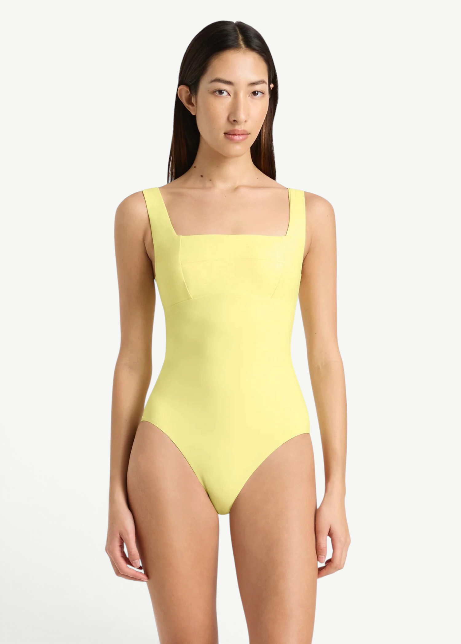 KABE SHOP INC Lois One Piece swimsuit in pale yellow with a square neckline and sculpting silhouette on a model