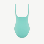 The Margot One Piece Swimwear is a luxurious swimsuit in plain light turquoise, featuring thick shoulder straps and crafted from soft Embodee fabric, displayed on a white background.