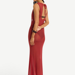 KABE SHOP INC Harper maxi dress in sheer red mesh with a tie-back detail, worn by a model against a white background.
