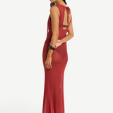 KABE SHOP INC Harper maxi dress in sheer red mesh with a tie-back detail, worn by a model against a white background.