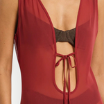 KABE SHOP INC Harper mesh maxi dress in deep red with a plunging neckline and front tie detail