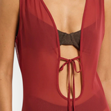 KABE SHOP INC Harper mesh maxi dress in deep red with a plunging neckline and front tie detail