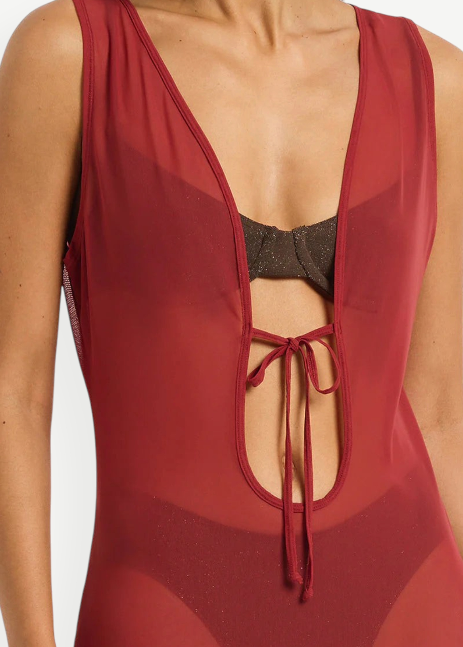 KABE SHOP INC Harper mesh maxi dress in deep red with a plunging neckline and front tie detail
