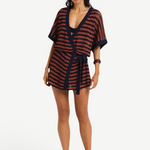 Model wearing KABE SHOP INC Nova knit robe with navy and rust stripes, short sleeves, and a tie waist belt.