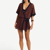 Model wearing KABE SHOP INC Nova knit robe with navy and rust stripes, short sleeves, and a tie waist belt.