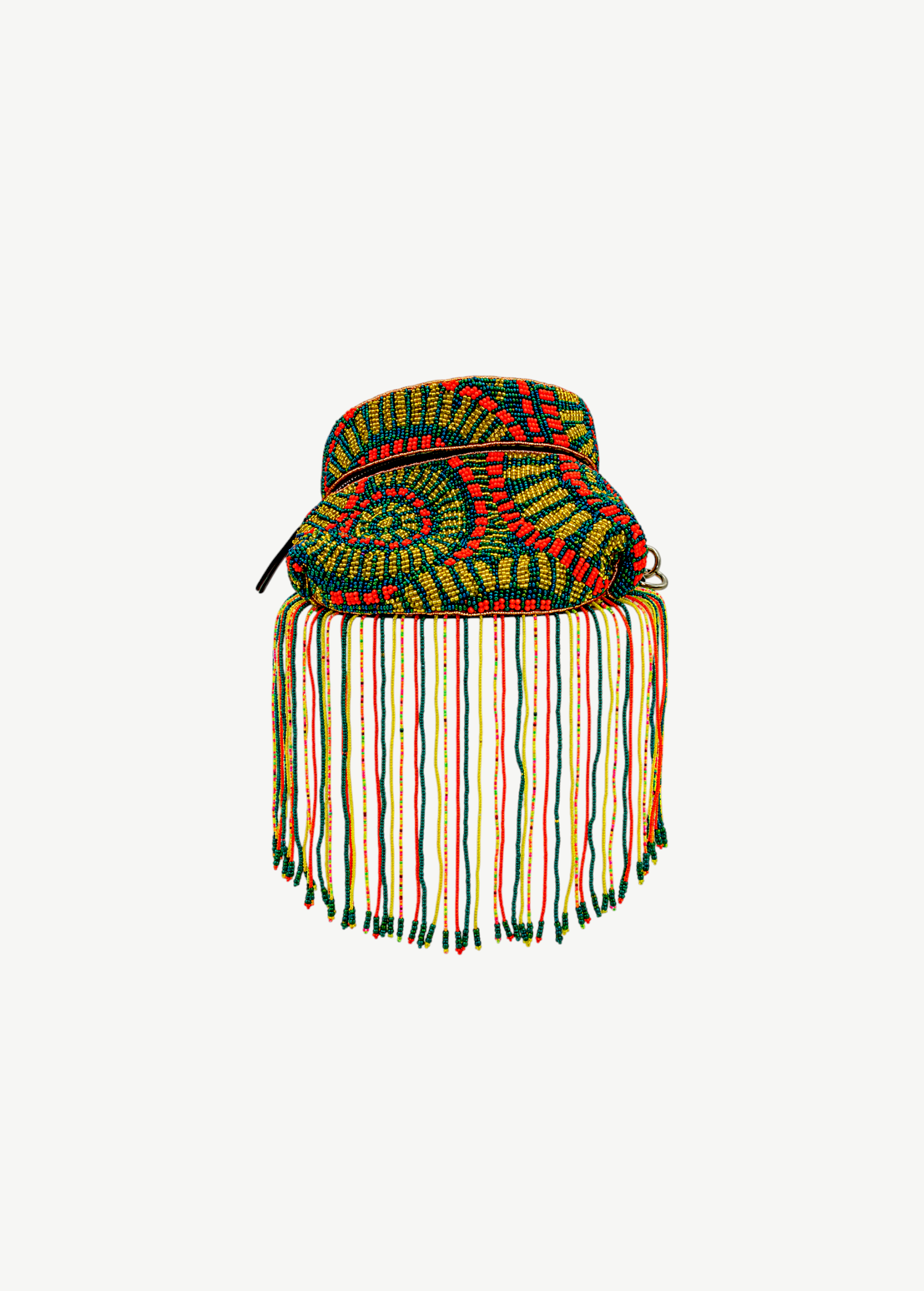 KABE SHOP INC Baubau Rio bag featuring intricate multi-colored beadwork with geometric patterns and long beaded fringe.