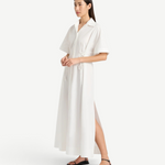 KABE SHOP INC Kyoto white lace-up shirt dress with short sleeves and side slits worn by a model