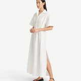KABE SHOP INC Kyoto white lace-up shirt dress with short sleeves and side slits worn by a model