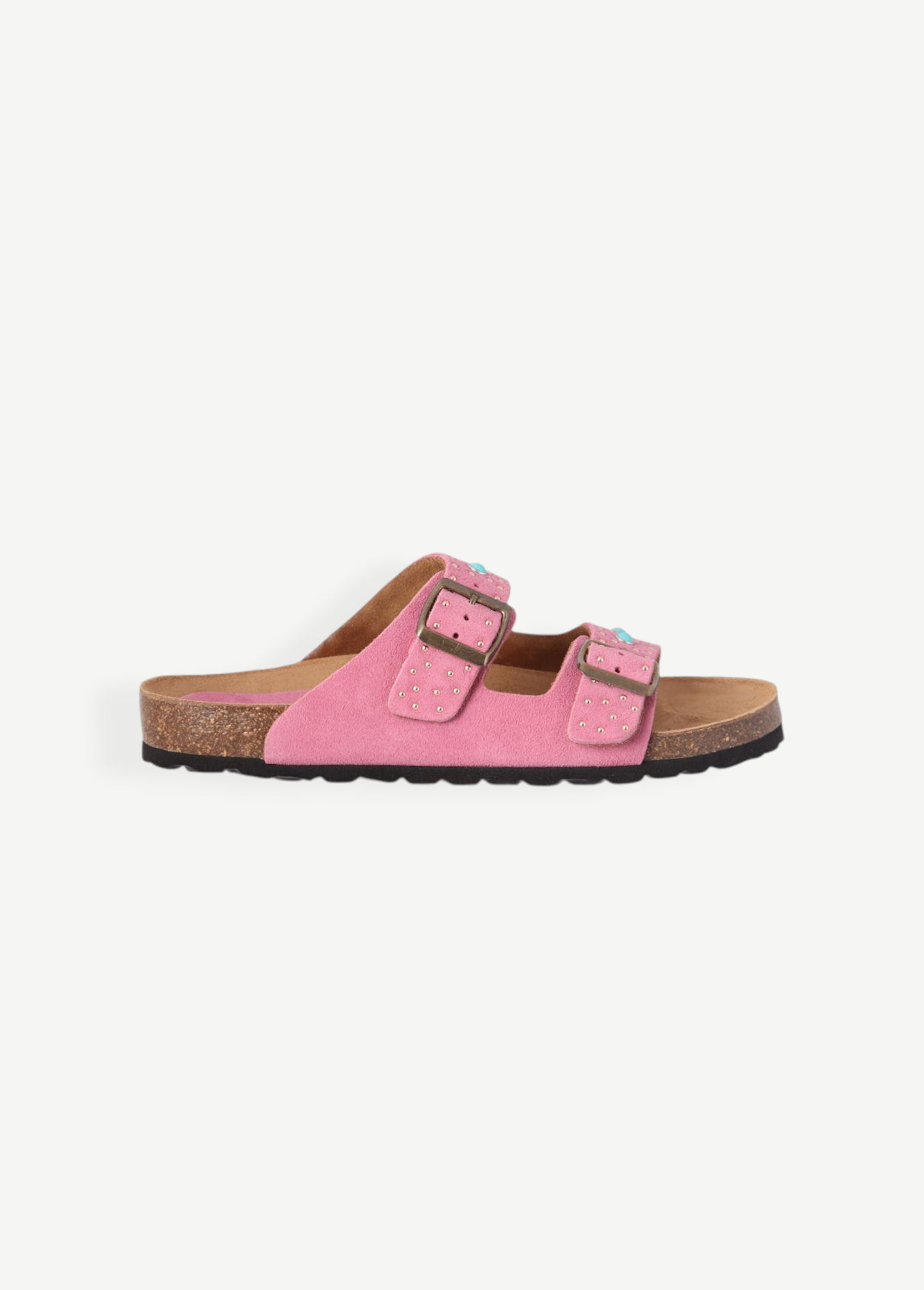 KABE SHOP INC Buckle 157 two-band sandals in chew-colored suede with turquoise studs and stone embroidery.