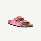 KABE SHOP INC Buckle 157 two-band sandals in chew-colored suede with turquoise studs and anatomical cork footbed.