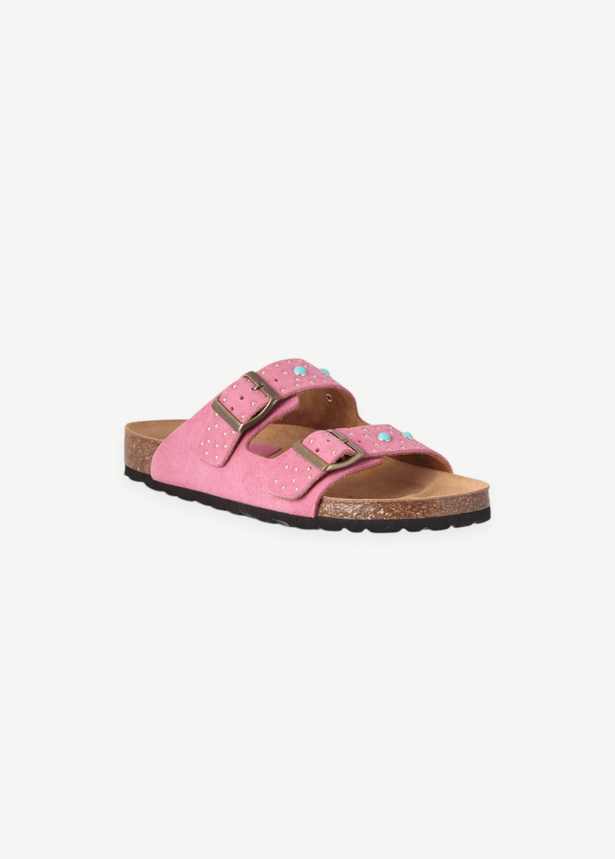 KABE SHOP INC Buckle 157 two-band sandals in chew-colored suede with turquoise studs and anatomical cork footbed.