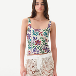 Model wearing KABE SHOP INC Cali Top featuring a multi-colored floral tapestry print with wide straps