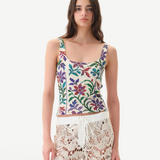 Model wearing KABE SHOP INC Cali Top featuring a multi-colored floral tapestry print with wide straps