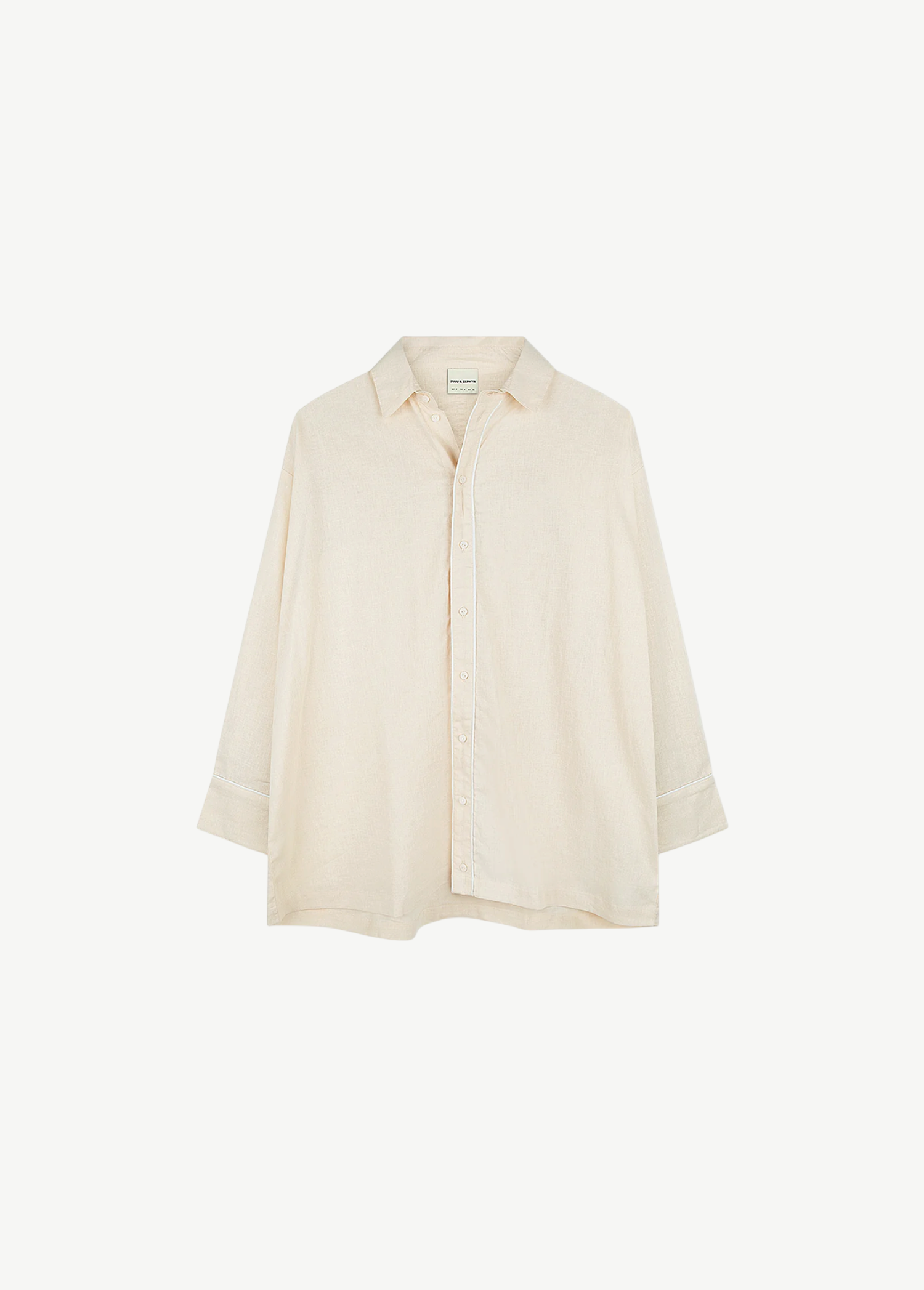Shea Embroidered Hemp Blend Shirt in light beige with white trim along the collar, placket, and cuffs.