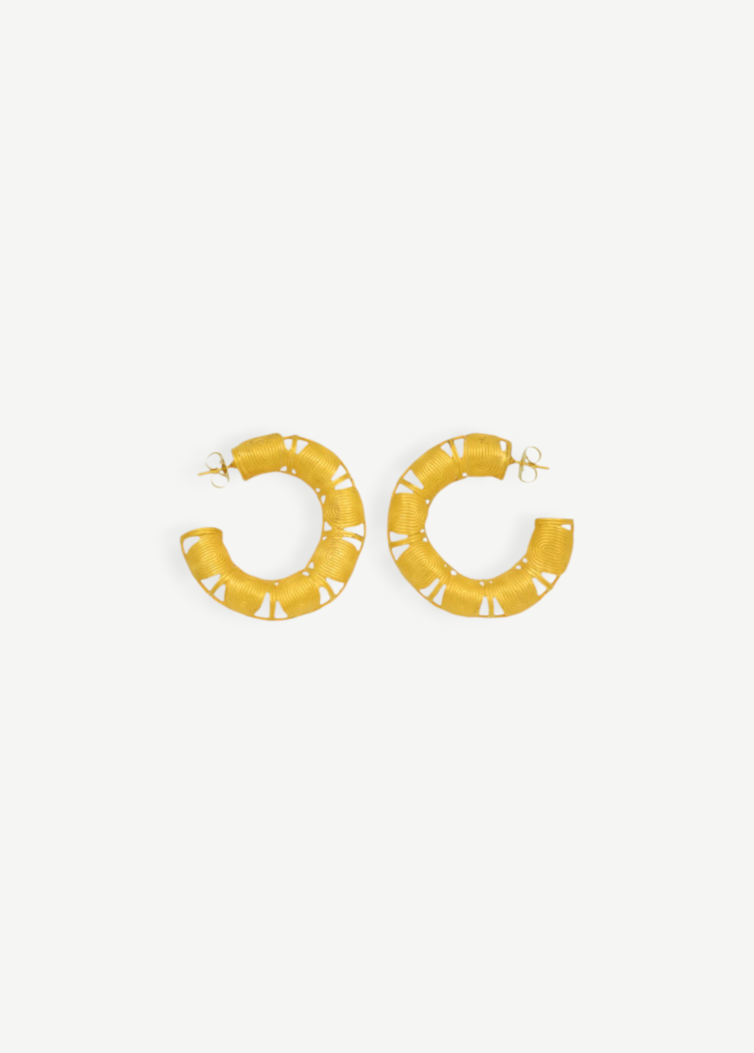 KABE SHOP INC Munay gold hoop earrings with intricate spiral ZENU-inspired sculptural details on a white background.
