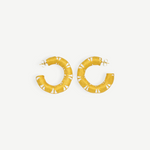 KABE SHOP INC Munay gold hoop earrings with intricate spiral ZENU-inspired sculptural details on a white background.