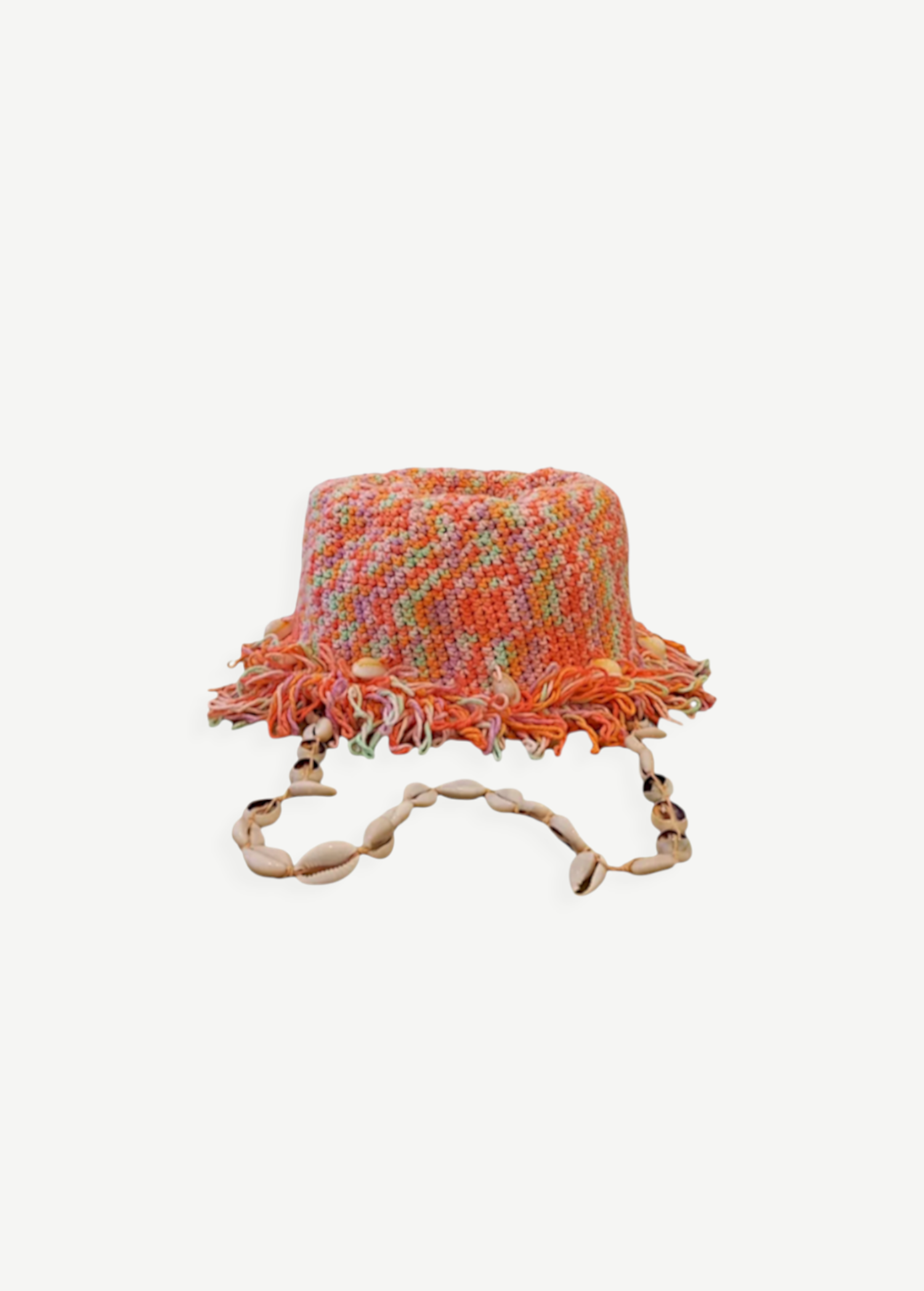 KABE SHOP INC handcrafted multi-colored crochet bucket hat with fringe trim and a decorative seashell chin strap.