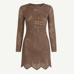 KABE SHOP INC long-sleeve brown crochet mini dress with intricate handwoven patterns and a scalloped hem.