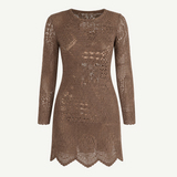 KABE SHOP INC long-sleeve brown crochet mini dress with intricate handwoven patterns and a scalloped hem.