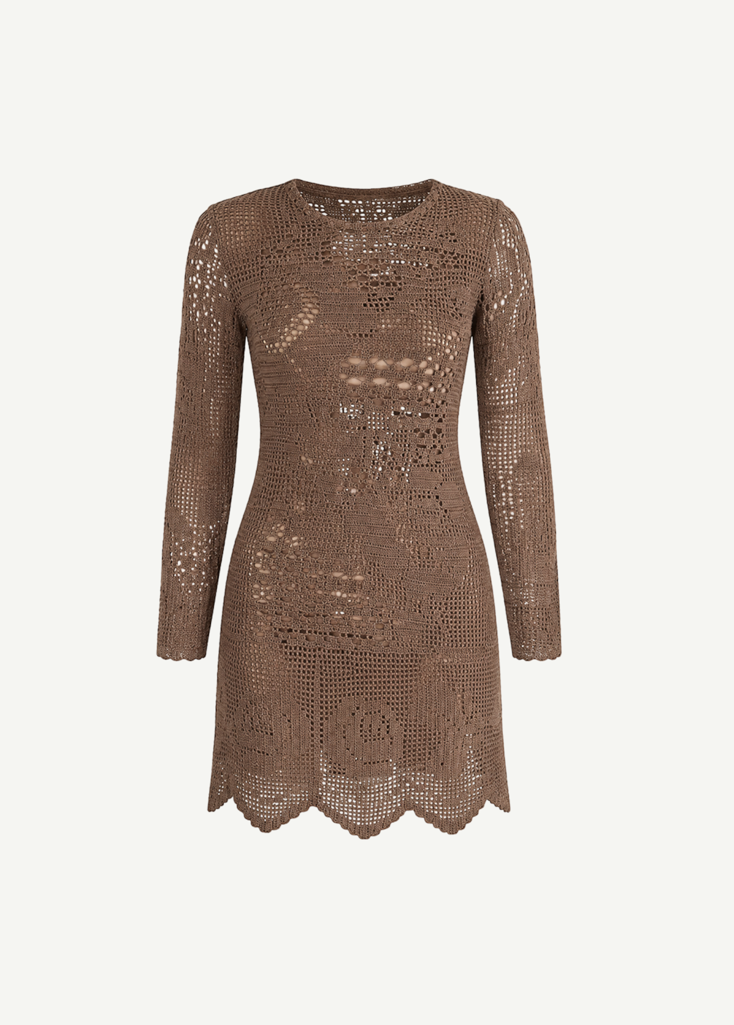 KABE SHOP INC long-sleeve brown crochet mini dress with intricate handwoven patterns and a scalloped hem.