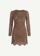 KABE SHOP INC long-sleeve brown crochet mini dress with intricate handwoven patterns and a scalloped hem.