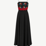 KABE SHOP INC black silk maxi dress featuring floral embroidery and a red hand-knitted lace trim on the bodice.