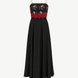 KABE SHOP INC black silk maxi dress featuring floral embroidery and a red hand-knitted lace trim on the bodice.