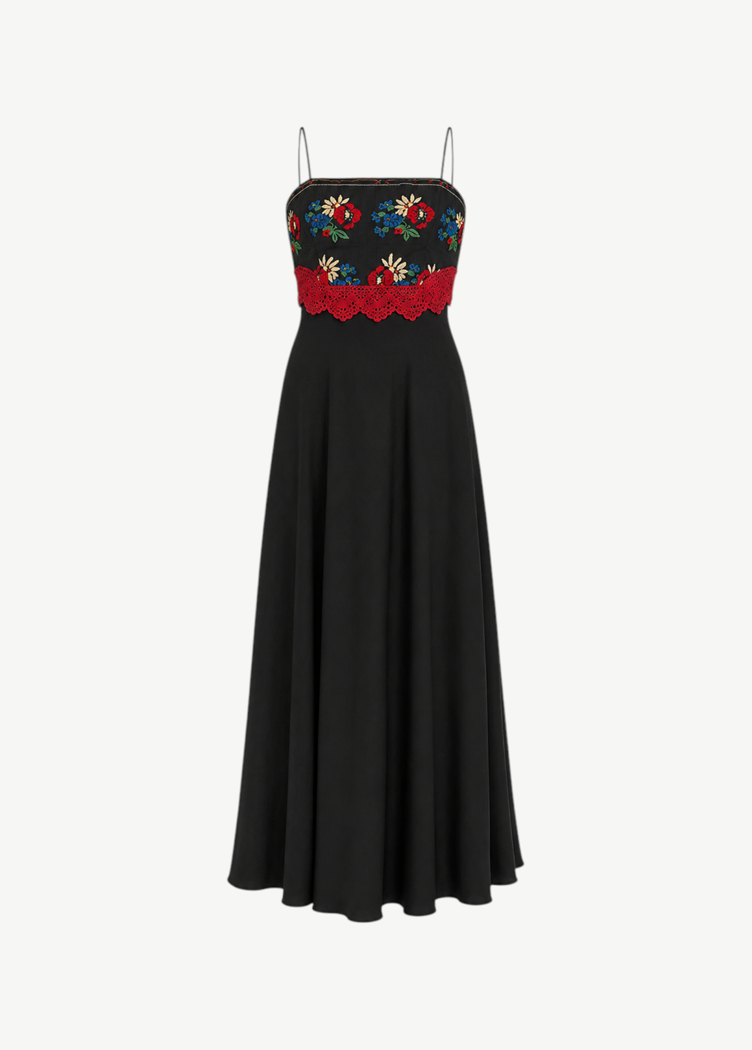 KABE SHOP INC black silk maxi dress featuring floral embroidery and a red hand-knitted lace trim on the bodice.