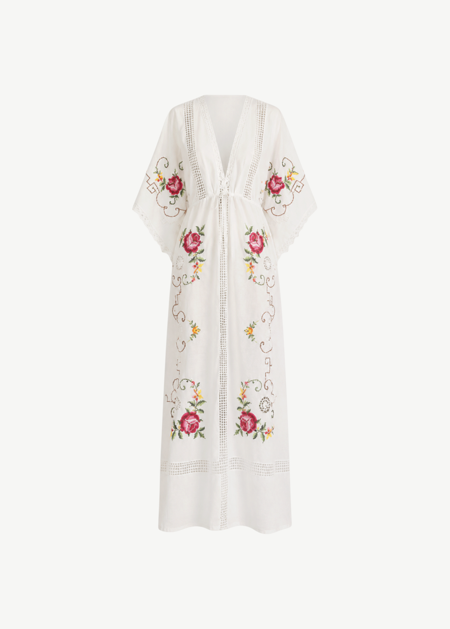 KABE SHOP INC white kaftan dress with floral embroidery, lace trim, and a relaxed silhouette for resort wear.