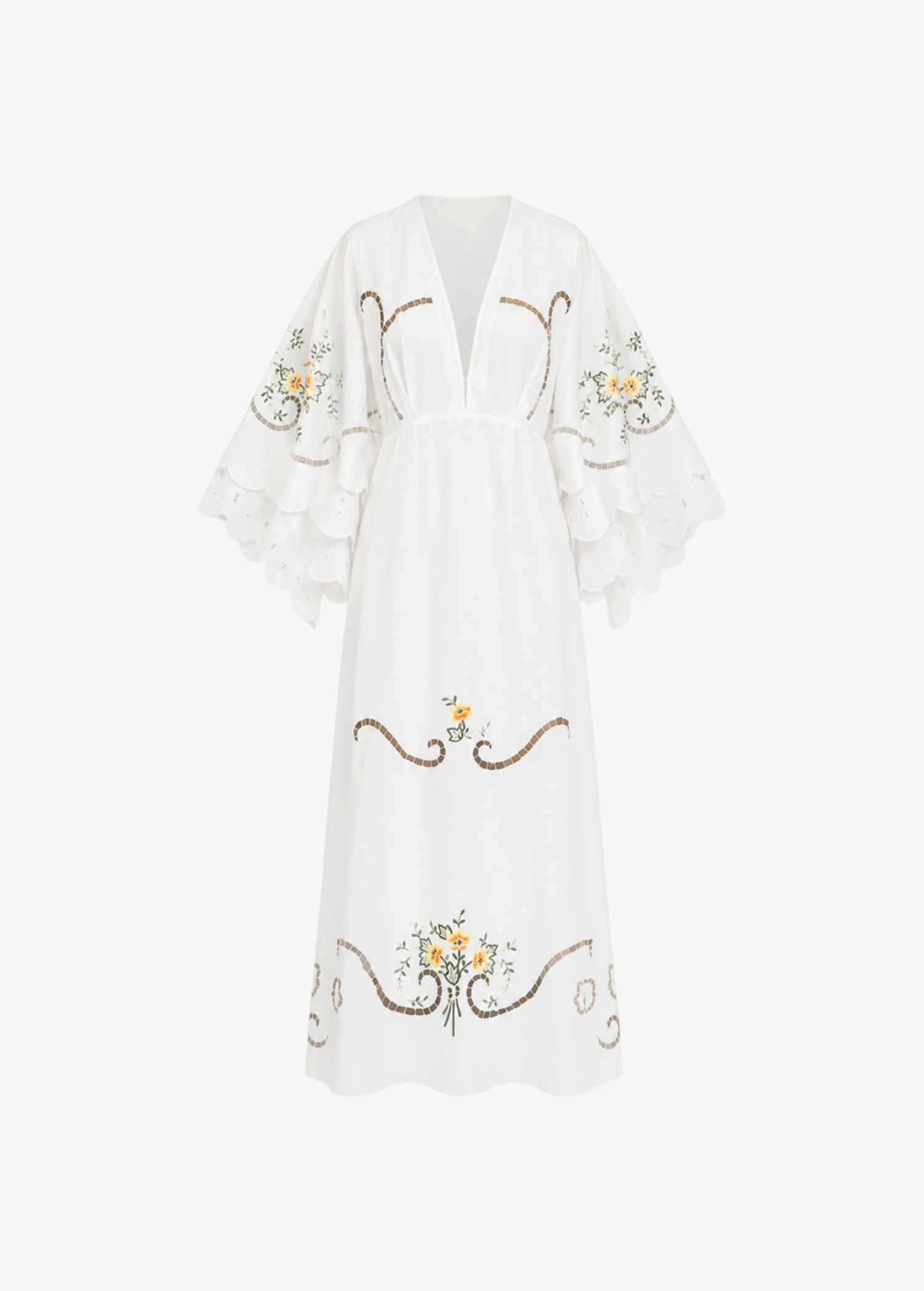 KABE SHOP INC white maxi dress with wide sleeves, scalloped edges, and delicate floral embroidery for resort wear.