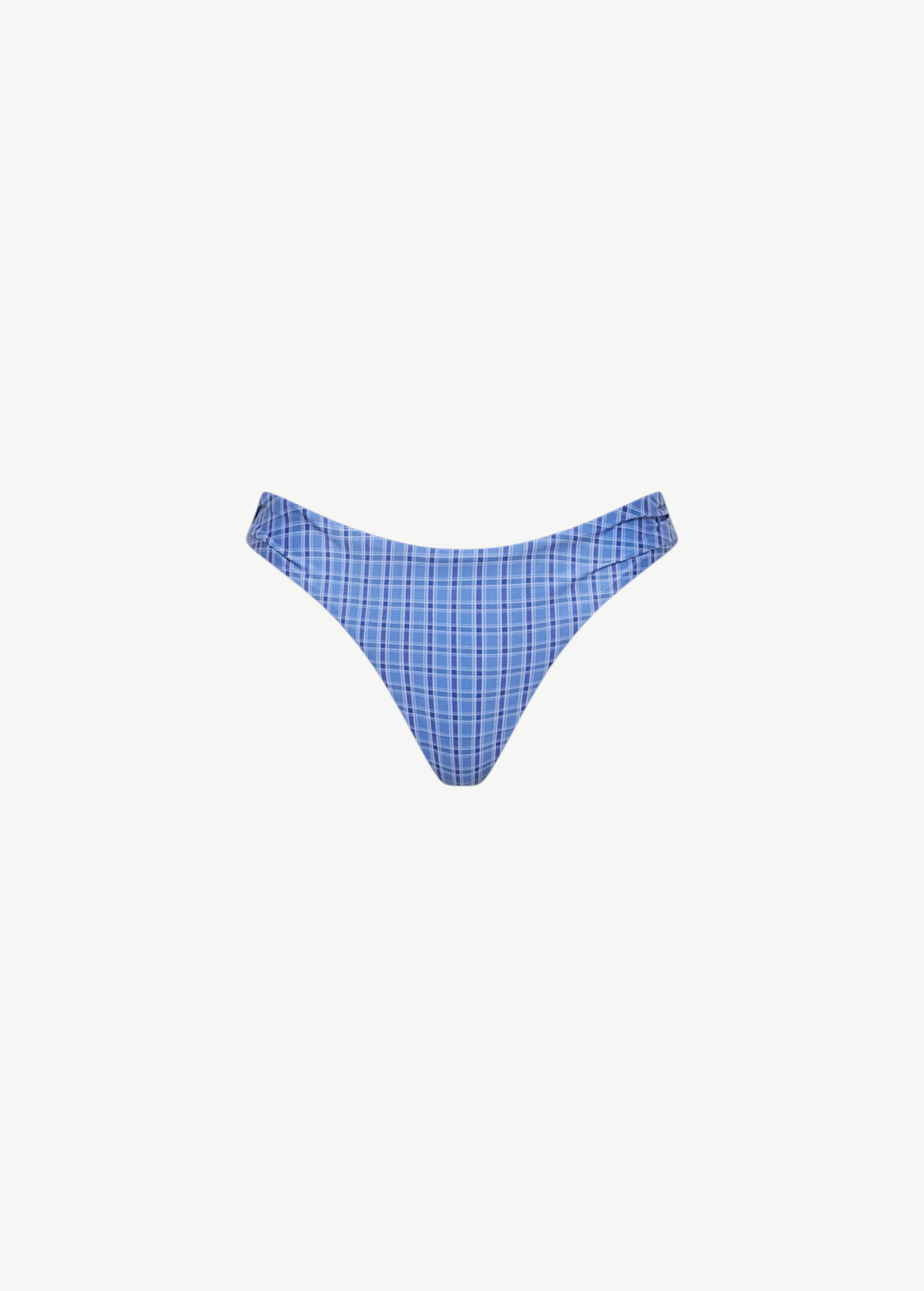 KABE SHOP INC Leonie bikini bottom in blue gingham check pattern with a high-cut leg and feminine side detailing.