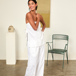 KABE SHOP INC Sebastian strapless white top with side ties paired with matching floral embroidered wide-leg trousers