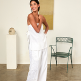 KABE SHOP INC Sebastian strapless white top with side ties paired with matching floral embroidered wide-leg trousers