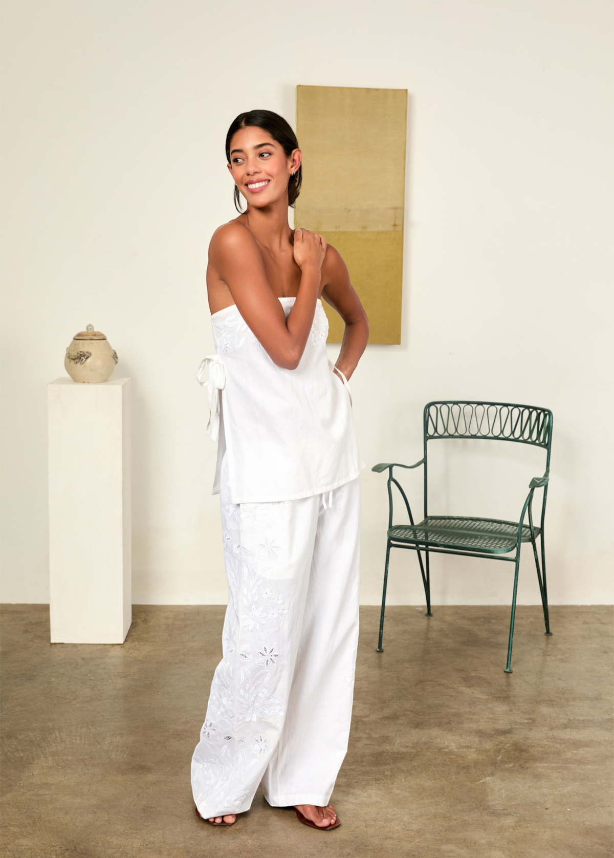 KABE SHOP INC Sebastian strapless white top with side ties paired with matching floral embroidered wide-leg trousers