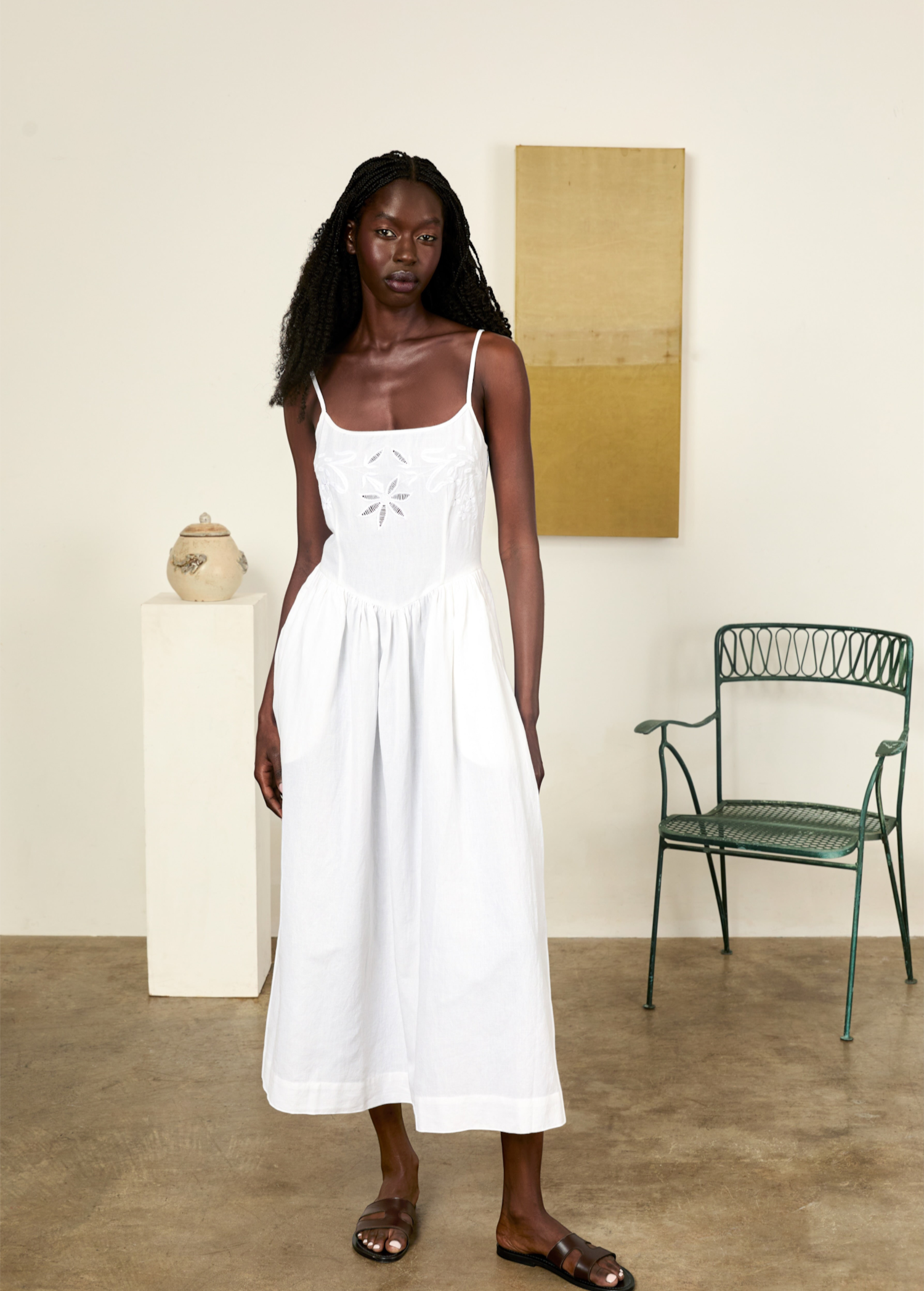 KABE SHOP INC Neroni white cotton voile ankle-length dress with fitted bodice and delicate embroidery