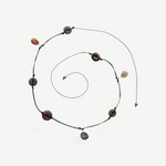 KABE SHOP INC handcrafted necklace with natural agate, moonstone, labradorite, and carnelian on a black leather cord.
