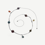 KABE SHOP INC handcrafted necklace with natural agate, moonstone, labradorite, and carnelian on a black leather cord.