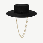 KABE SHOP INC black structured canotier hat featuring a double strand pearl chain strap and subtle logo embroidery