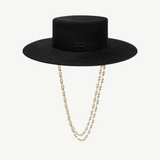 KABE SHOP INC black structured canotier hat featuring a double strand pearl chain strap and subtle logo embroidery
