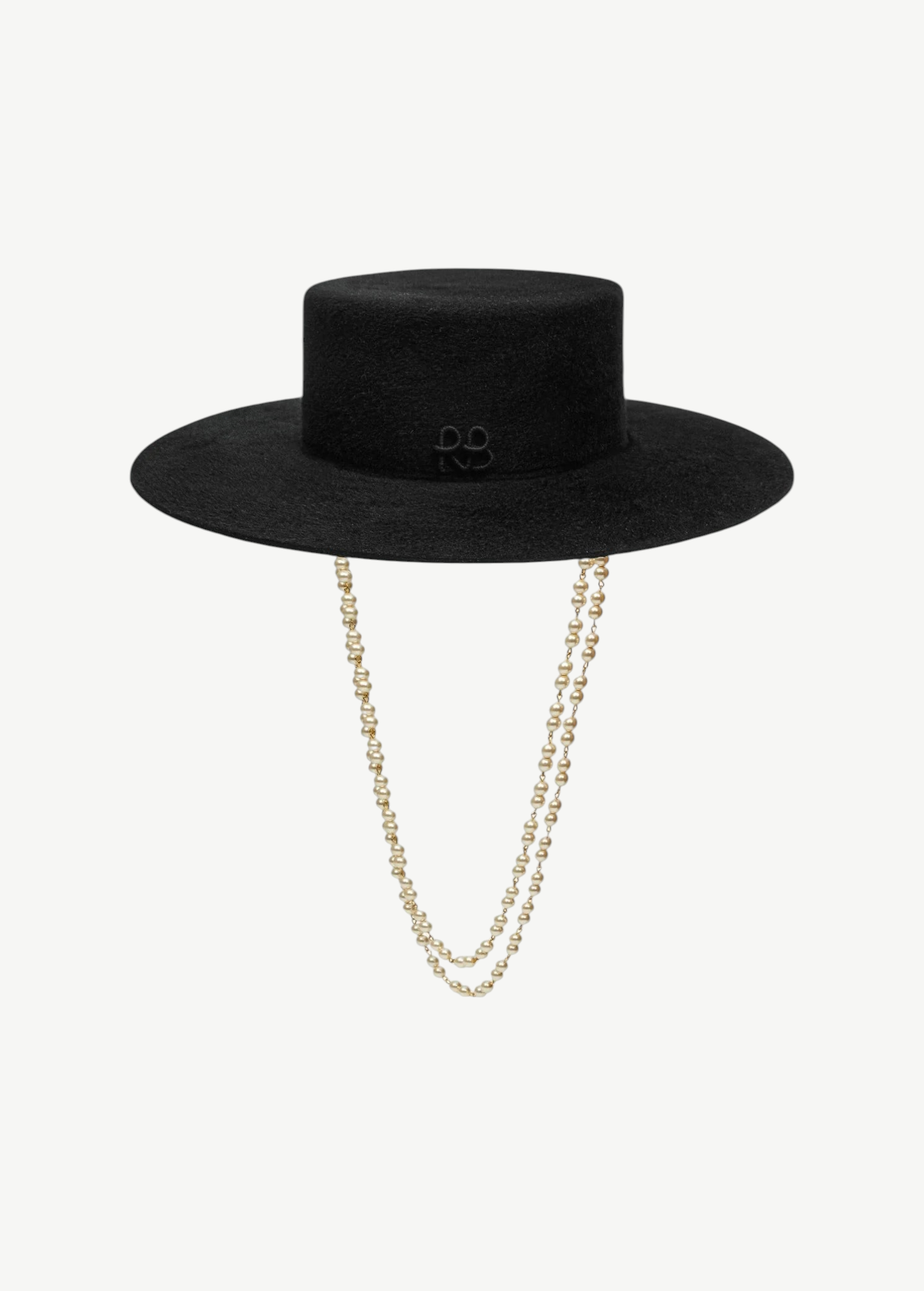 KABE SHOP INC black structured canotier hat featuring a double strand pearl chain strap and subtle logo embroidery