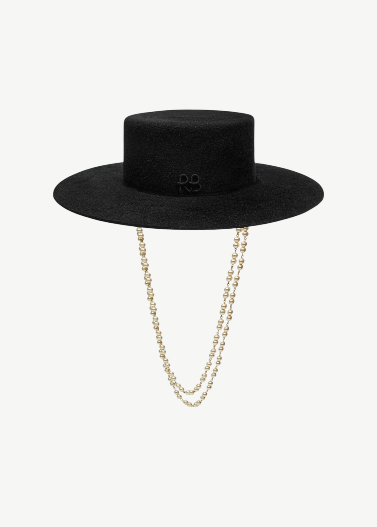 KABE SHOP INC black structured canotier hat featuring a double strand pearl chain strap and subtle logo embroidery