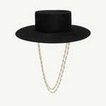 KABE SHOP INC black structured canotier hat featuring a double-strand pearl chain strap for a sophisticated look.